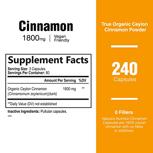 Pure Cinnamon Capsules, Certified Organic Ceylon Cinnamon Pills, Non-GMO, Gluten-Free, Dairy-Free, Sri Lanka Cinnamon Powder Supplement, Best Vegan True Cinnamomum Vitamins, Sugar Free - 240 Capsules