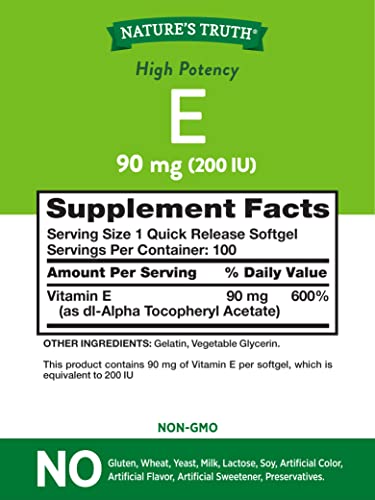 Nature's Truth Vitamin E Capsules 200 IU | 100 Softgels | Non-GMO & Gluten Free