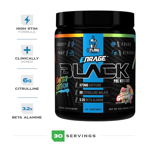 eFlow Nutrition Enrage Black High Stimulant Pre Workout Supplement - Preworkout Powder to Boost Energy, Pumps and Strength - 4 Flavors (30 Servings) (Sour Gummy)