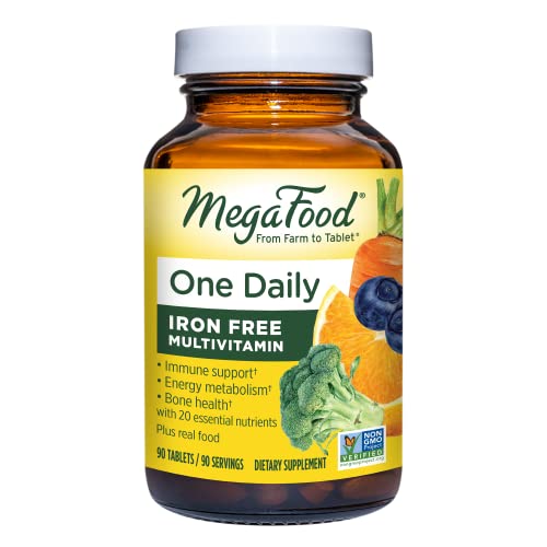 MegaFood One Daily Iron Free Multivitamin - Multivitamin for Women and Men - with Real Food - Immune Support Supplement - Bone Health - Energy Metabolism - Vegetarian; Non-GMO; No Iron - 90 Tablets