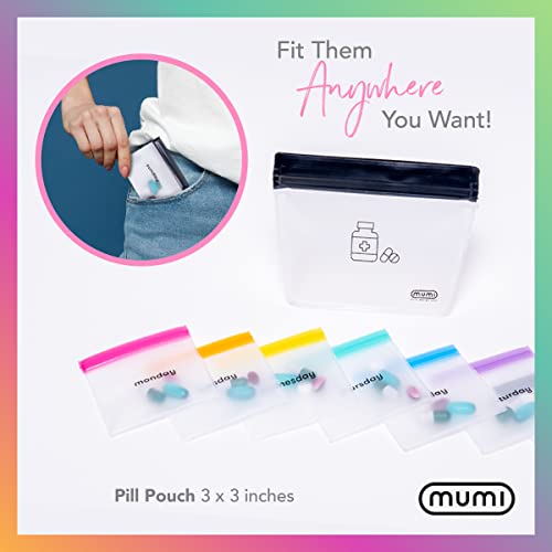 mumi Pill Pouch Set, 7 Mini Zip Pill Organizers, Large Reusable Travel Pill Container, Color-Coded Medicine Bags, Organize Pills & Small Items