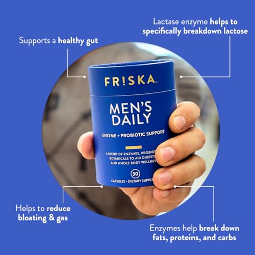 FRISKA Men’s Daily Digestive Enzyme and Probiotics Supplement, Natural Support for Male Digestive Health, Bloating, Gas, Indigestion Relief, Supports Gut Health, Lactase and B-Vitamins, 90 Capsules