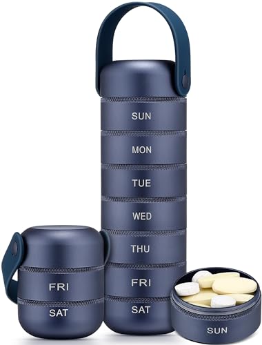 Zannaki Metal Weekly Pill Organizer, Large Travel Pill Box 7 Day, Waterproof Daily Pill Case with Silicone Handle, Aluminum Alloy Portable Pill Holder Container for Vitamin, Medicine, Supplement,Pills