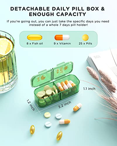 Pill Organizer 2 Times A Day, 7 Day Am Pm Pill Box - Acedada Weekly Pill Organizer with Separate Container, Portable Daily Medicine Planner Dispenser Case for Vitamin, Fish Oils, Supplements, Green