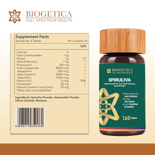 Biogetica Organic Spirulina Pills with Astaxanthin - Non-GMO, Rich in Vegan Protein, Vitamins & Prebiotics - 100% Vegan Ayurveda Supplement - 160 Tablets