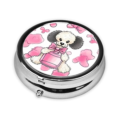 Round Pill Box Pink Perfume Bottle and Poodle Cute Small Pill Case 3 Compartment Pillbox for Purse Pocket Portable Pill Container Holder to Hold Vitamins Medication Fish Oil and Supplements