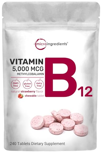 Micro Ingredients Vitamin B12 5000mcg | Methyl B12 Active Form – 240 Chewable Tablets | Fast Dissolve, Natural Strawberry Flavor, Support Energy, Metabolism Health | Vegan, Non-GMO, & No Glute