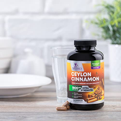 Pure Cinnamon Capsules, Certified Organic Ceylon Cinnamon Pills, Non-GMO, Gluten-Free, Dairy-Free, Sri Lanka Cinnamon Powder Supplement, Best Vegan True Cinnamomum Vitamins, Sugar Free - 240 Capsules