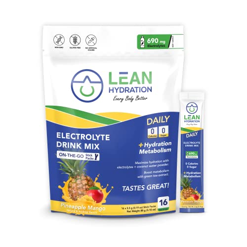 LEAN Hydration Daily Electrolyte Hydration Packets Drink Mix | Hydrate – Metabolize – Energize | Zero Calories, Zero Sugar plus Vitamins, Minerals & Green Tea Extract | 16 ct (Pineapple Mango)