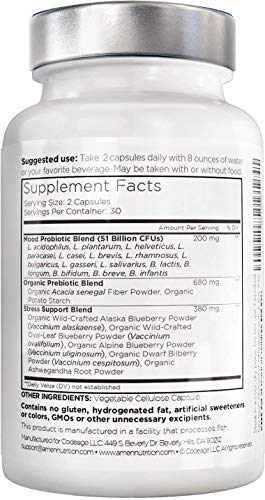 Amen Mood Probiotic Supplement 51 Billion CFU - Organic Prebiotics and Probiotics - Acidophilus Probiotic Pills, Fibers - Mood Organic Ashwagandha, Blueberries - Vegan & Non-GMO - 60 Capsules