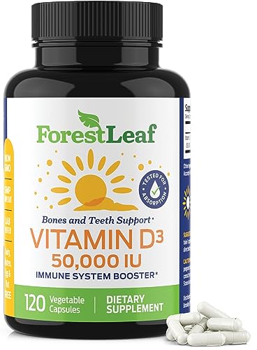 ForestLeaf - Vitamin D3 50,000 IU Weekly Supplement - 120 Vegetable Vitamin D Capsules for Bones, Teeth, and Immune Support - Easy Swallow Pure Vitamin D3 Caps 50000 IU- Non GMO Pills