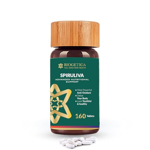 Biogetica Organic Spirulina Pills with Astaxanthin - Non-GMO, Rich in Vegan Protein, Vitamins & Prebiotics - 100% Vegan Ayurveda Supplement - 160 Tablets