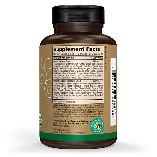 Pomona Wellness Super Greens Supplement, Full Of Superfood Vitamins & Minerals, Fruits & Vegetable, Greens Powder for Bloating and Digestion, Gut Health, USDA Organic, Non-GMO, 120 Tablets