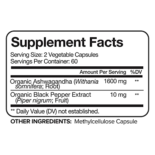 Nutrivein Organic Ashwagandha Capsules 1600mg with Black Pepper Extract - 120 Vegan Pills - 100% Pure Root Powder Supplement - Supports Stress Relief, Immune, Energy, Stamina & Mood