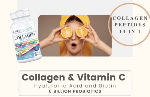 KAPPA NUTRITION Collagen Type I, II, III, 6 Billion Probiotics Acid Resistance, (120 Capsules), Hyaluronic Acid, Vitamin C, Biotin & MCT Oil, Hair, Nails, and Skin, Collagen Peptides 14 in 1 from