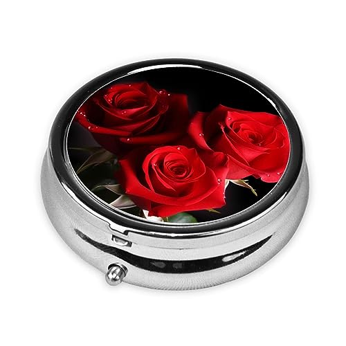 Red Roses Print Round Pill Box 3 Compartment Medicine Pill Case Portable Pill Container for Daily Medicine Supplement Vitamin