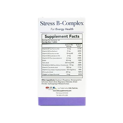 GSL Technology Stress B-Complex with Zinc and Vitamin C | for Energy Health | Made in The USA (180)