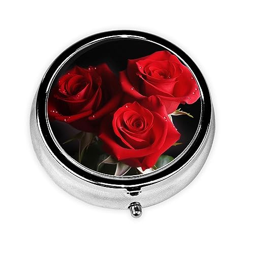 Red Roses Print Round Pill Box 3 Compartment Medicine Pill Case Portable Pill Container for Daily Medicine Supplement Vitamin