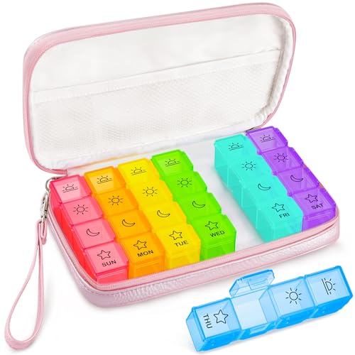 AMOOS Weekly Pill Organizer 4 Times a Day, Portable 7 Day Pill Box with a PU Leather Bag for Travel, Pill Case with Removable Individual Pill Containers to Hold Vitamins, Fish Oils, Supplements, Pink