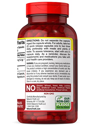 Nature's Truth Apple Cider Vinegar Capsules | 1200mg | 200 Pills | Extra Strength | Value Size | Non-GMO, Gluten Free Supplement