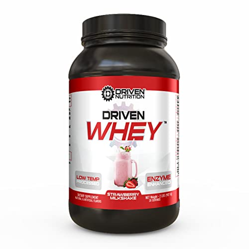 Driven WHEY- Grass Fed Whey Protein Powder: Delicious, Clean Protein Shake- Improve Muscle Recovery with 23 Grams of Protein with Added BCAA and Digestive Enzymes (Strawberry Milkshake, 2 lb)