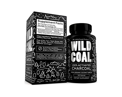 Wild Foods Activated Charcoal Capsules | 100% Organic Coconut Shells Active Tablets for Bloating & Hangover | Lab Tested & Non-GMO Detox Pills | Made in USA (120 Capsules)