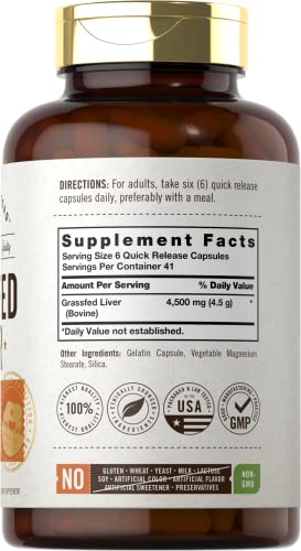 Grass Fed Beef Liver Capsules 4500mg | 250 Count | Desiccated Supplement | Non-GMO, Gluten Free | by Herbage Farmstead