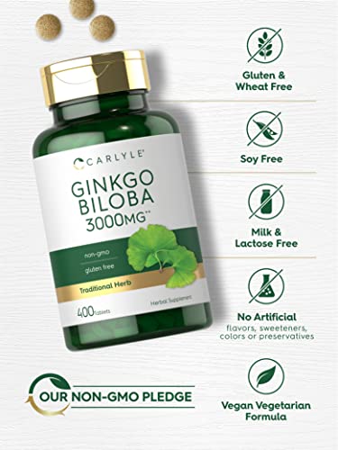 Carlyle Ginkgo Biloba 3000mg | 400 Tablets | Non-GMO, Gluten Free