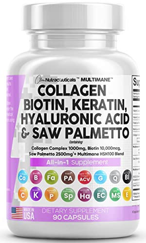 Collagen Pills 1000mg Biotin 10000mcg Keratin Saw Palmetto 2500mg Hyaluronic Acid - Hair Skin and Nails Vitamins and DHT Blocker with Vitamin E Folic Acid Pumpkin Seed MSM Made in USA - 90 Count