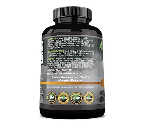 Activated Charcoal Capsules - 1,200 mg Highly Absorbent Helps Alleviate Gas & Bloating Promotes Natural detoxification Derived from Coconut Shells - per Serving - 100 Vegan Capsules