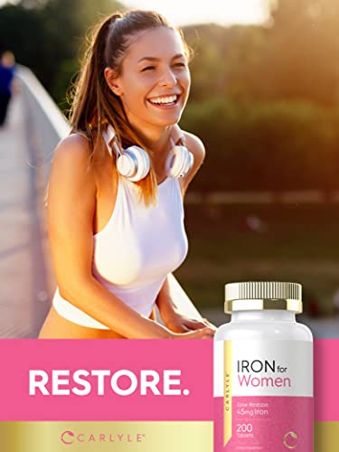 Iron Supplement for Women | 45mg | 200 Slow Release Tablets | Vegetarian, Non-GMO, & Gluten Free | by Carlyle