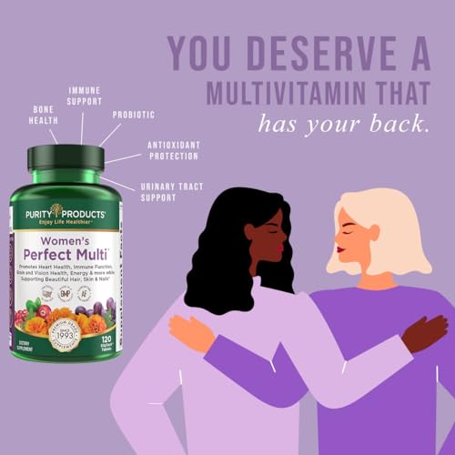 Purity Products Women’s Perfect Multi Balanced Multivitamin - Supports Urinary Tract Health, Immune, Bone + Muscle, Hair, Skin, Nails, an Elite Probiotic for Digestive Health + More - 120 Tablets