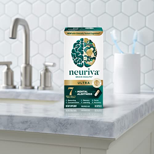 NEURIVA ULTRA Decaffeinated Clinically Tested Nootropic Brain Supplement For Mental Alertness, Memory, Focus & Concentration, Cognivive, Neurofactor, Phosphatidylserine, Vitamins B6 B12, 60ct Capsules