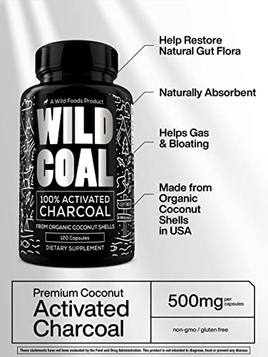 Wild Foods Activated Charcoal Capsules | 100% Organic Coconut Shells Active Tablets for Bloating & Hangover | Lab Tested & Non-GMO Detox Pills | Made in USA (120 Capsules)