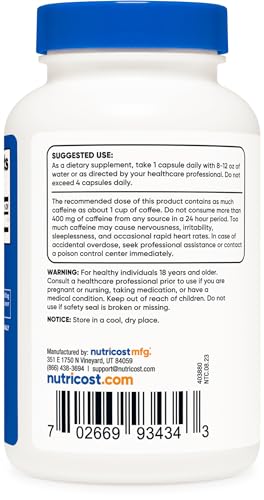 Nutricost Caffeine Pills 100mg Per Serving, 250 Capsules