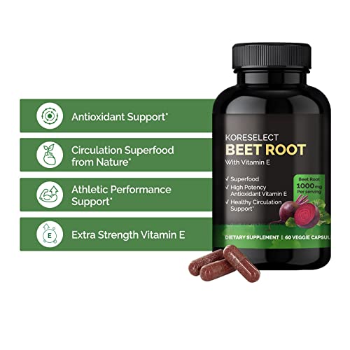 KORESELECT Beet Root 1000mg Capsules with Vitamin E -Supplement, Immune Support, Athletic Performance with Vegan 60 Caps, for Women and Men