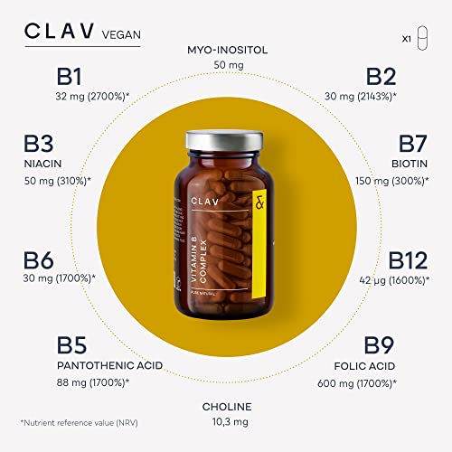 CLAV Vitamin B Complex - 120 Capsules - All 8 B Vitamins with Co-Factors Myo-Inositol & Choline - Supports Energy Metabolism - Vegan - Made in Germany