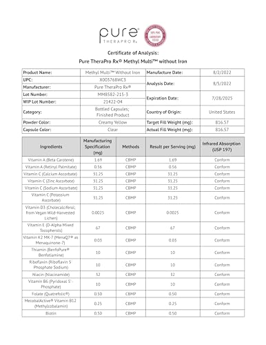 Pure Therapro Rx Methyl Multi Without Iron - 120 Vegan Capsules - Activated Vitamin Cofactors & Folate as Quatrefolic (5-MTHF), Multivitamin & Multimineral Supplement Supports Total Body Health