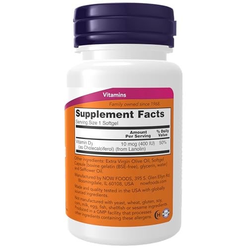 NOW Supplements, Vitamin D-3 400 IU, Strong Bones*, Structural Support*, 180 Softgels