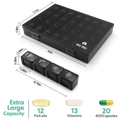 XL Pill Organizer 4 Times a Day,BUG HULL Large Weekly Pill Box for Travelling, Portable Pill Cases 7 Day pill Container Removable Daily Medicine Organizer for Cod-liver oil,Vitamins,Supplements(Black)