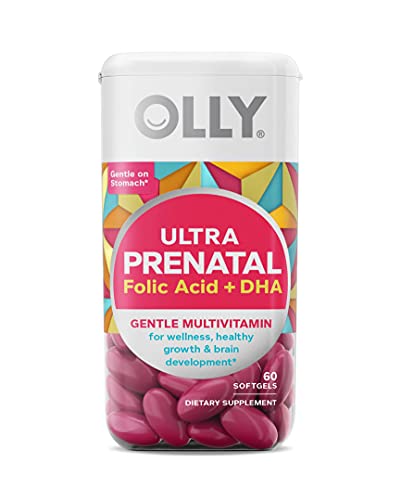 OLLY Ultra Strength Prenatal Multivitamin Softgels, Supports Healthy Growth, Brain Development, Iron, Folic Acid, DHA, Vitamins C, E, 30 Day Supply-60 Count (Packaging May Vary)