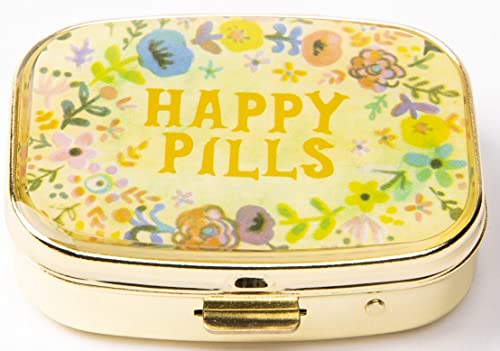 Battery Container for AAA/AA (4 PCS) +Cute Metal Pill Organizer Travel Friendly Compact Pill Box Pill Case to Hold Vitamins/Tylenol/Fish Oil/Meds/Tablet for Purse/Pocket(Happy Pills)