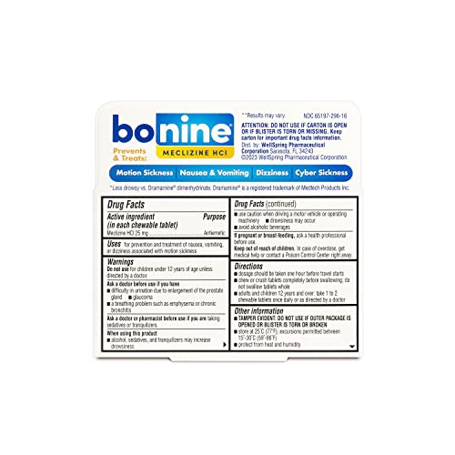 Bonine Non-Drowsy Motion Sickness Relief - 32 Chewable Tablets with Meclizine HCL 25mg - Non Drowsy Medicine for Nausea or Motion Sickness - Cruise Essentials - Raspberry Flavor