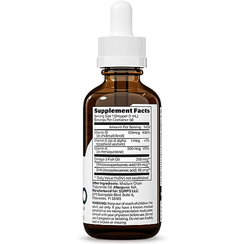 SURPO Vitamin D3 + K2 Liquid Drops with Omega 3 Oil - 5000 IU Vitamin D Drops K2 for Hormone Support & Bone Health - Liquid Vitamin D3 with K2 Drops for Maximum Absorption - 2Fl Oz Vitamin K2 D3