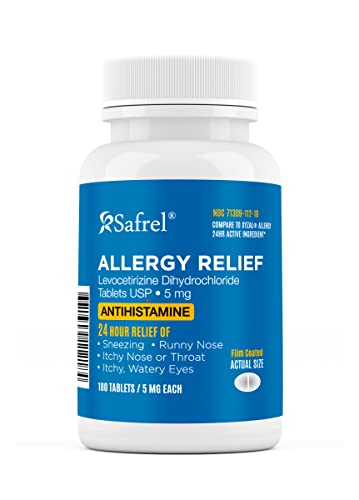 Safrel Allergy Relief Medication Levocetirizine Dihydrochloride 5mg (180 Count), 24hr Fast Acting Non Drowsy, Antihistamine Relieves Runny Nose, Watery Eyes, Sneezing