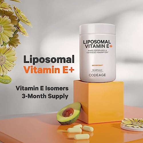 Codeage Liposomal Vitamin E Supplement, All Vitamin E Tocopherols - Alpha Tocopherol, Beta, Gamma, Delta - Liposomal for Bioavailability - Antioxidant Vitamin E Isomers - 3-Month Supply, 90 Capsules