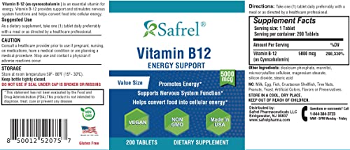 Safrel Maximum Strength Vitamin B12 5000 mcg, Dietary Supplement for Energy, Metabolism and Nervous System Health Support, Vegan, Gluten Free and Dye Free | Made in USA | 200 Days Supply