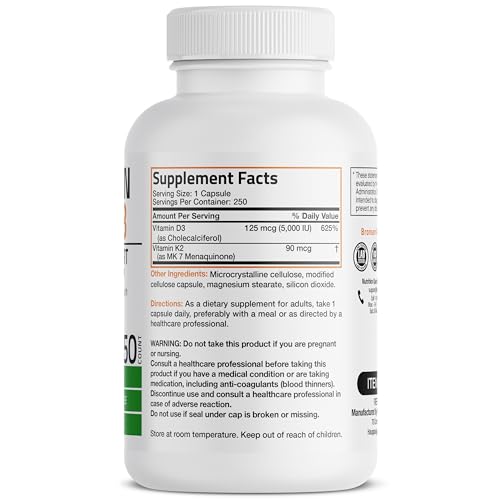 Vitamin K2 (MK7) with D3 Supplement Bone and Heart Health Non-GMO Formula 5000 IU Vitamin D3 & 90 mcg Vitamin K2 MK-7 Easy to Swallow Vitamin D & K Complex, 250 Capsules