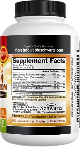 Turmeric Cinnamon Supplement with Saffron and Cardamom Plus BioPerine Black Pepper Extract for Max Absorption - Natural Tumeric Curcumin Joint Support Supplement for Women and Men - 60 Capsules