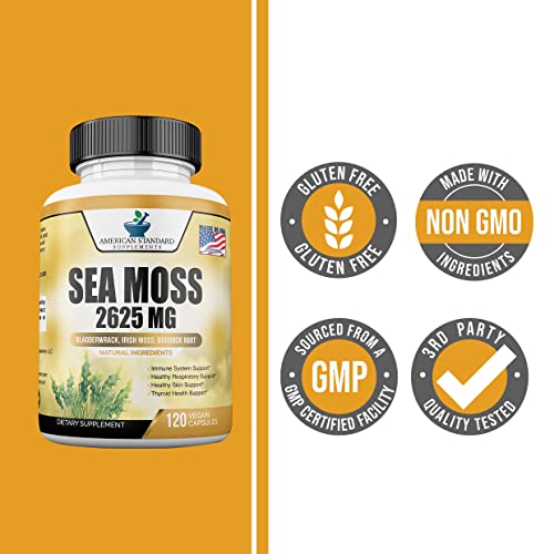 Organic Sea Moss 2625mg, Seamoss, Hand Harvested, Irish Moss Bladderwrack and Burdock Root, Sea Moss Capsules, Irish Sea Moss Alternative To Sea Moss Powder, Sea Moss Gel, 120 Vegan Capsules